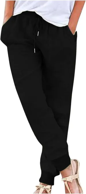 Linen Pants Women Summer Drawstring Elastic Waist Cotton Linen Tapered Leg Petite Pants Jogger Casual Palazzo Trousers