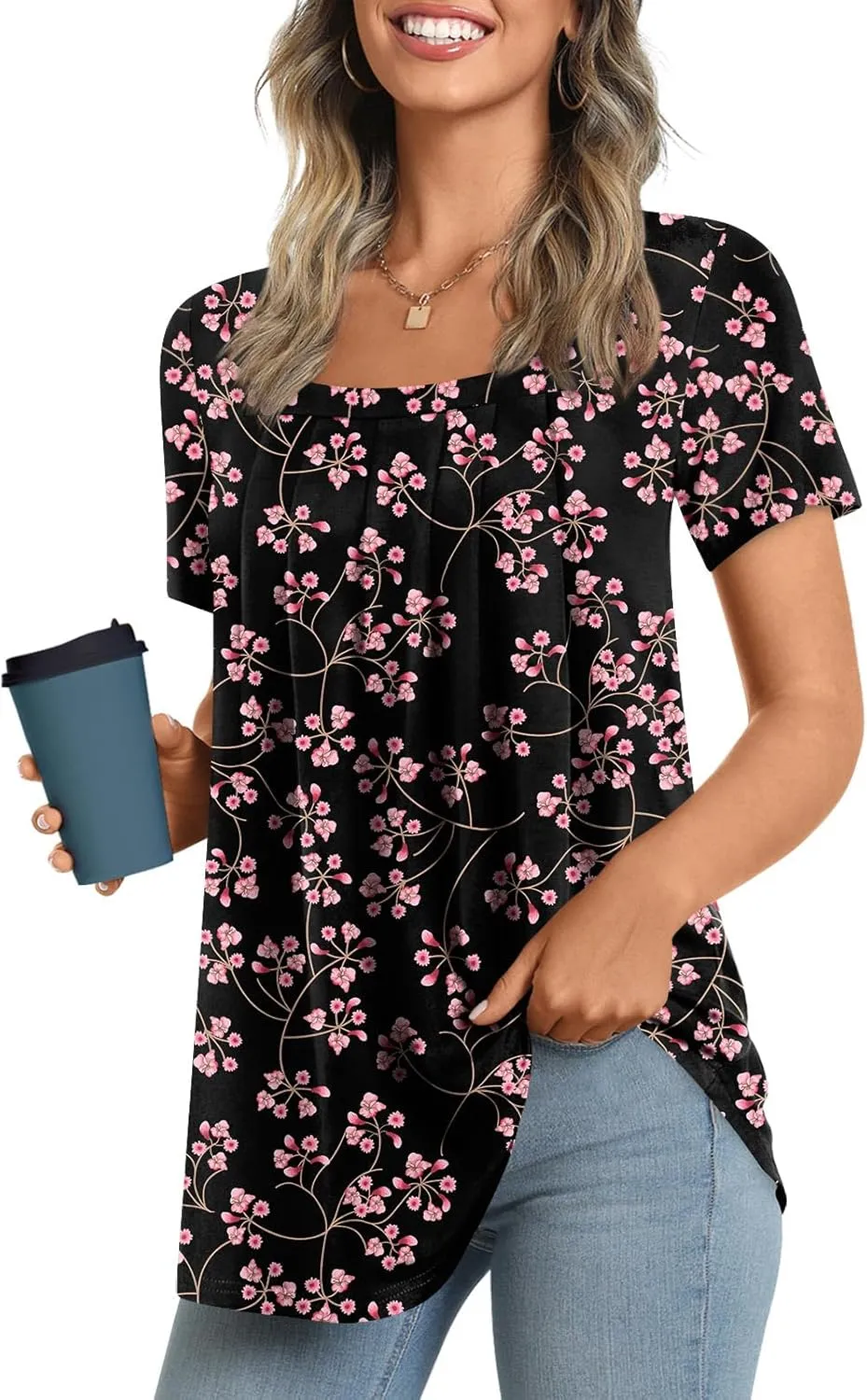 LONGYUAN Womens Tunic Tops 2025 Summer Casual Square Neck Shirts S-3XL