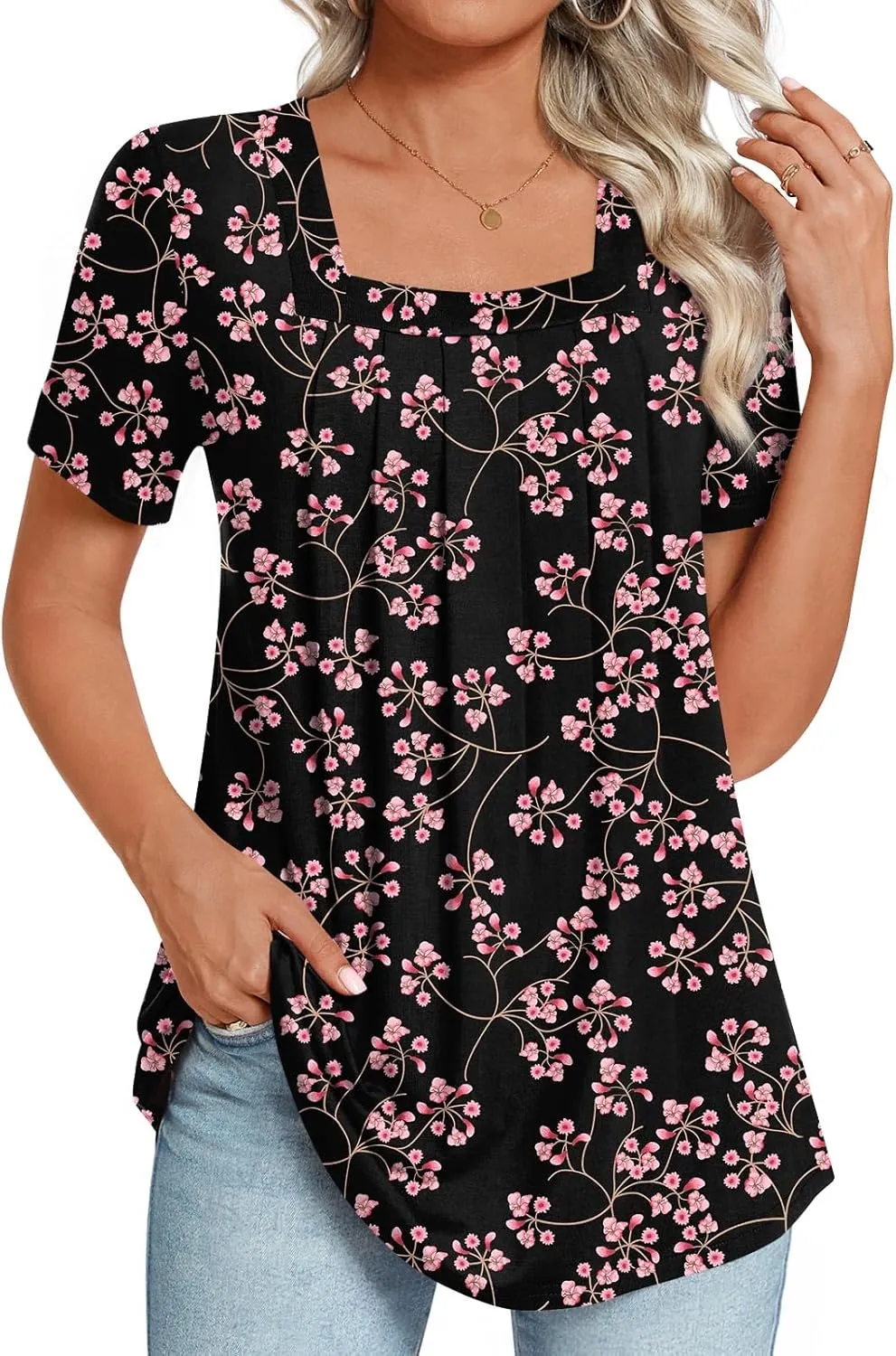 LONGYUAN Womens Tunic Tops 2025 Summer Casual Square Neck Shirts S-3XL