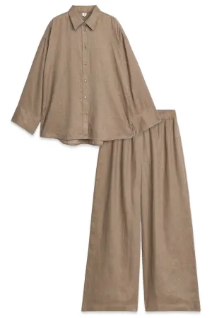 Loose Linen Shirt & Wide Linen Trousers, Brown