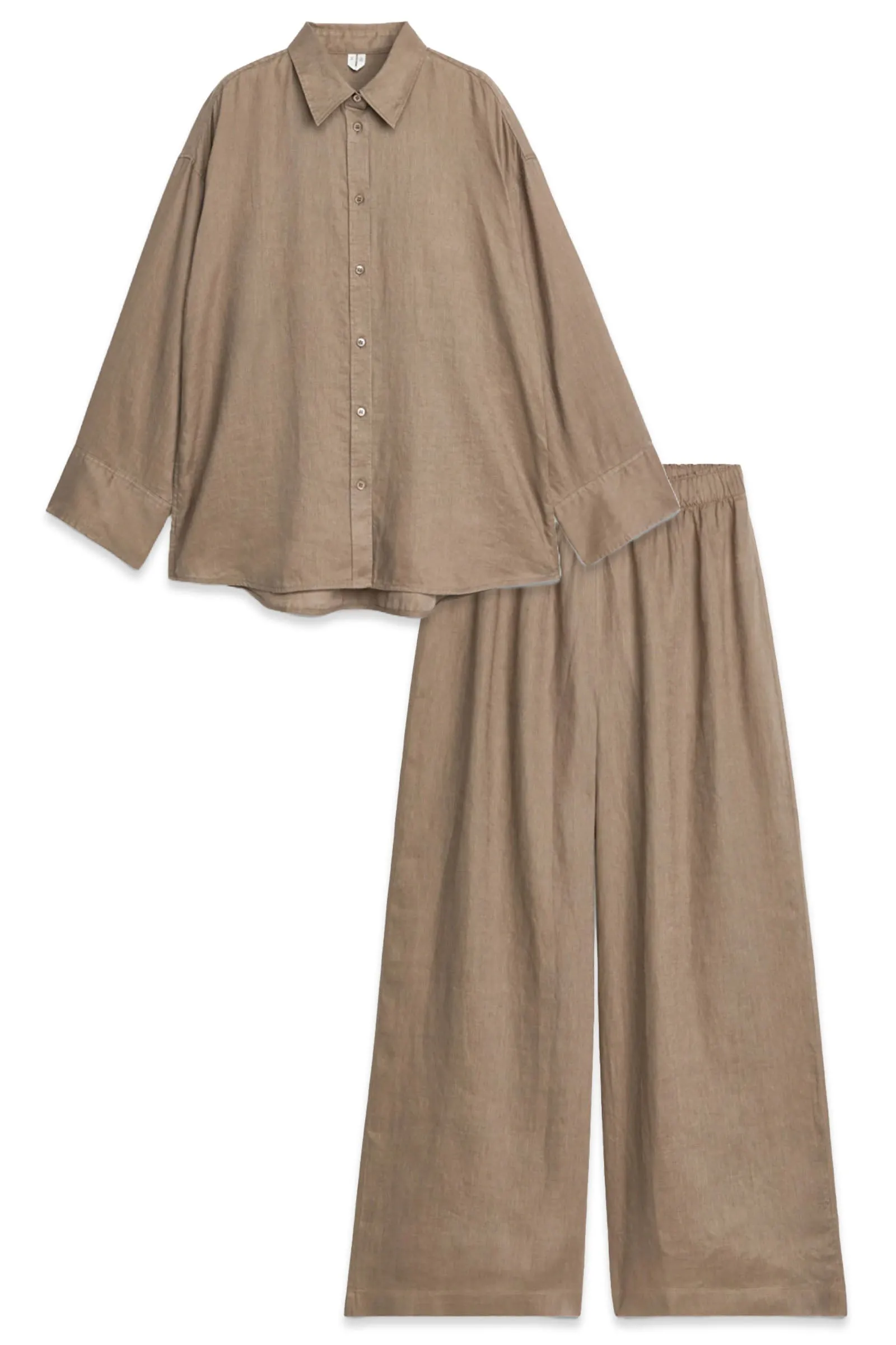 Loose Linen Shirt & Wide Linen Trousers, Brown