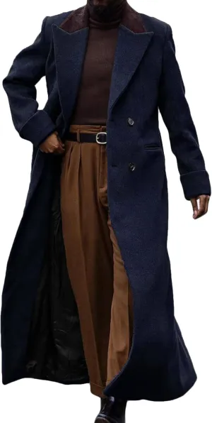 Man's Double Breasted Full Length Trench Coat Mens Casual Notch Lapel Long Jacket Peacoat Wool Blend Winter