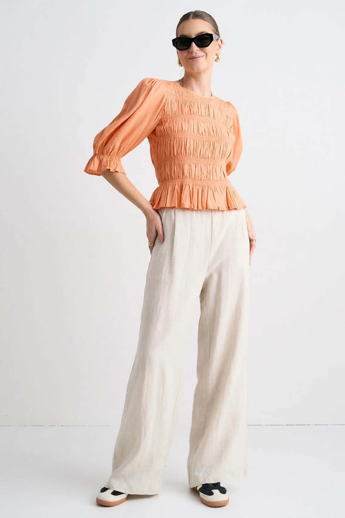 Melodic Apricot Short Sleeve Linen Shirred Bodice Top