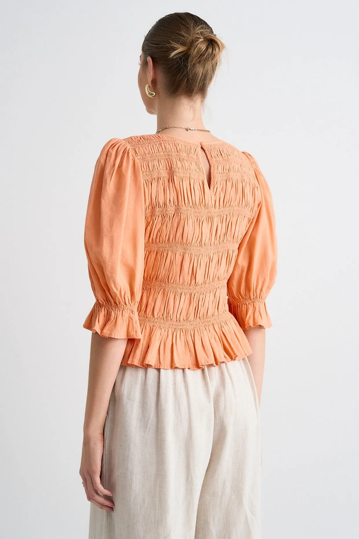Melodic Apricot Short Sleeve Linen Shirred Bodice Top