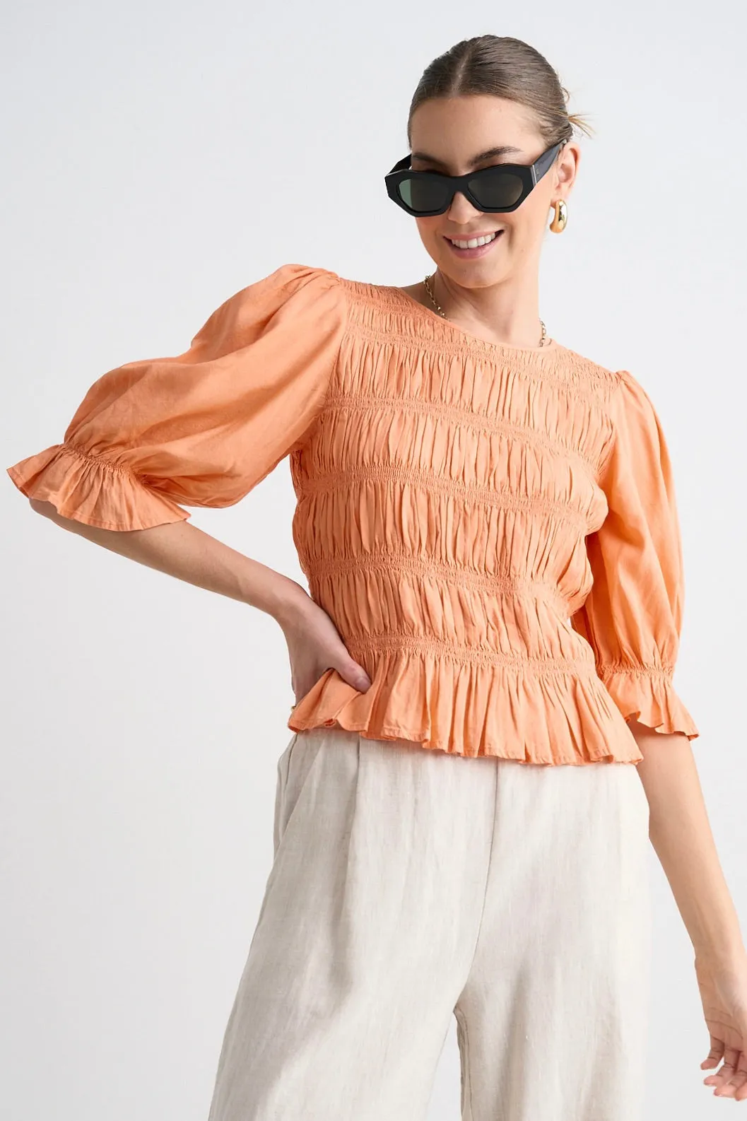 Melodic Apricot Short Sleeve Linen Shirred Bodice Top