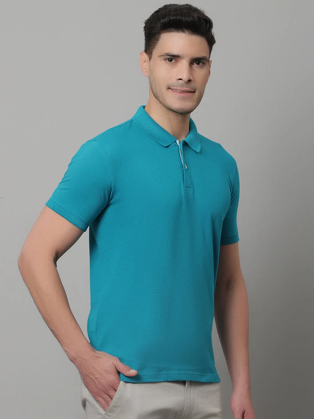 Men Turquoise Casual Half Sleeves Polo Neck T-Shirt