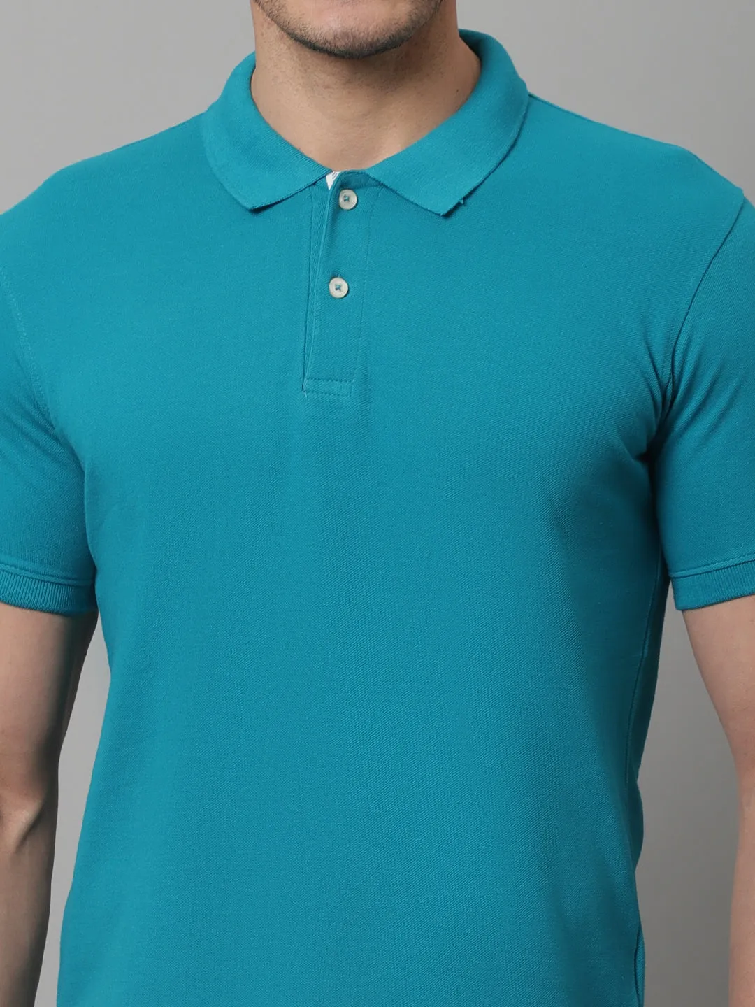 Men Turquoise Casual Half Sleeves Polo Neck T-Shirt