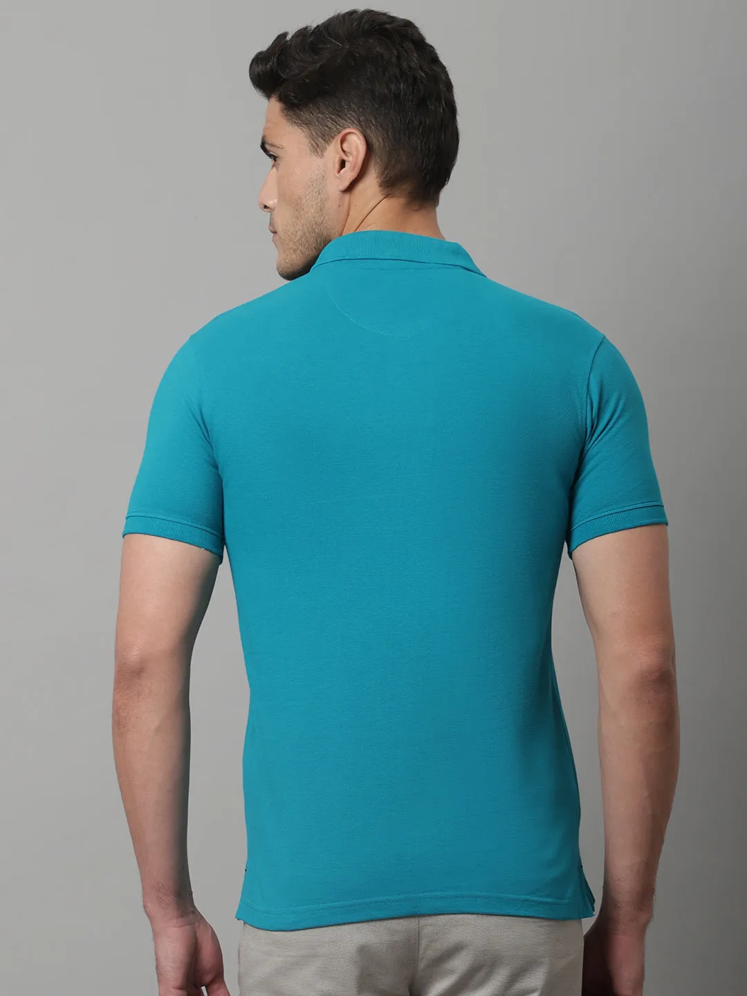 Men Turquoise Casual Half Sleeves Polo Neck T-Shirt