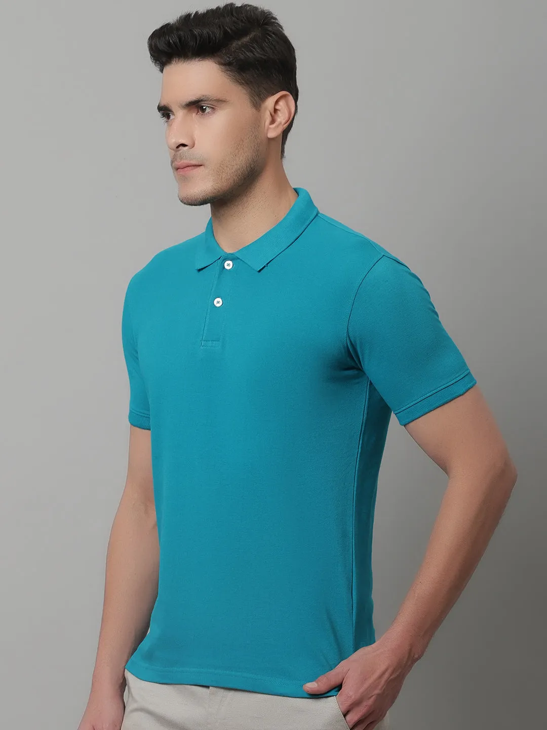 Men Turquoise Casual Half Sleeves Polo Neck T-Shirt