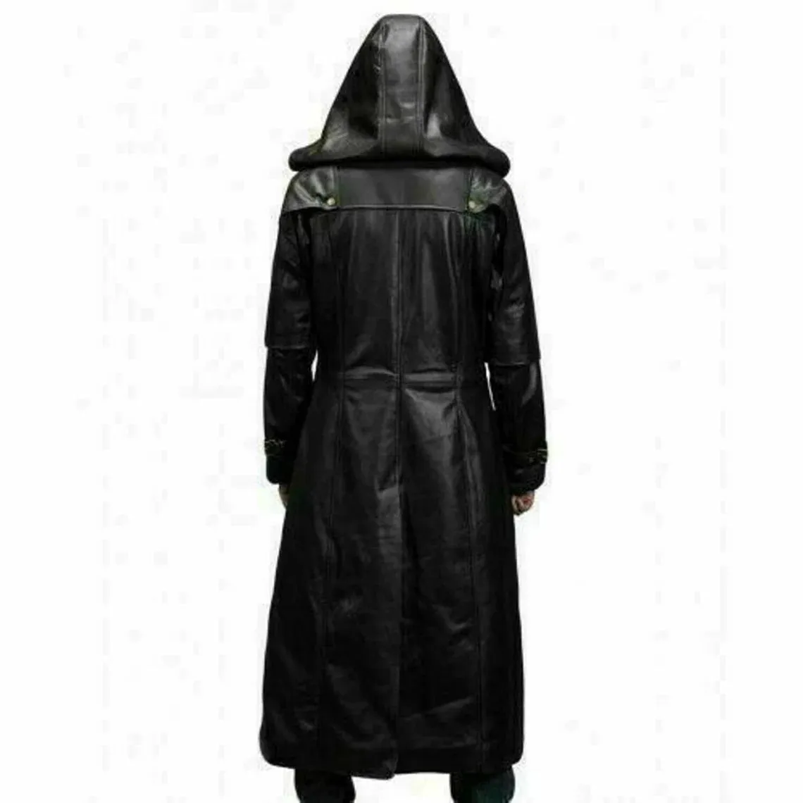 Men's Black Genuine Leather Trench Coat With Hood Gothic Steampunk