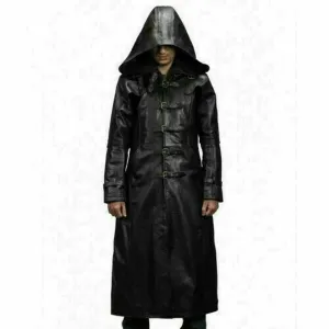 Men's Black Genuine Leather Trench Coat With Hood Gothic Steampunk