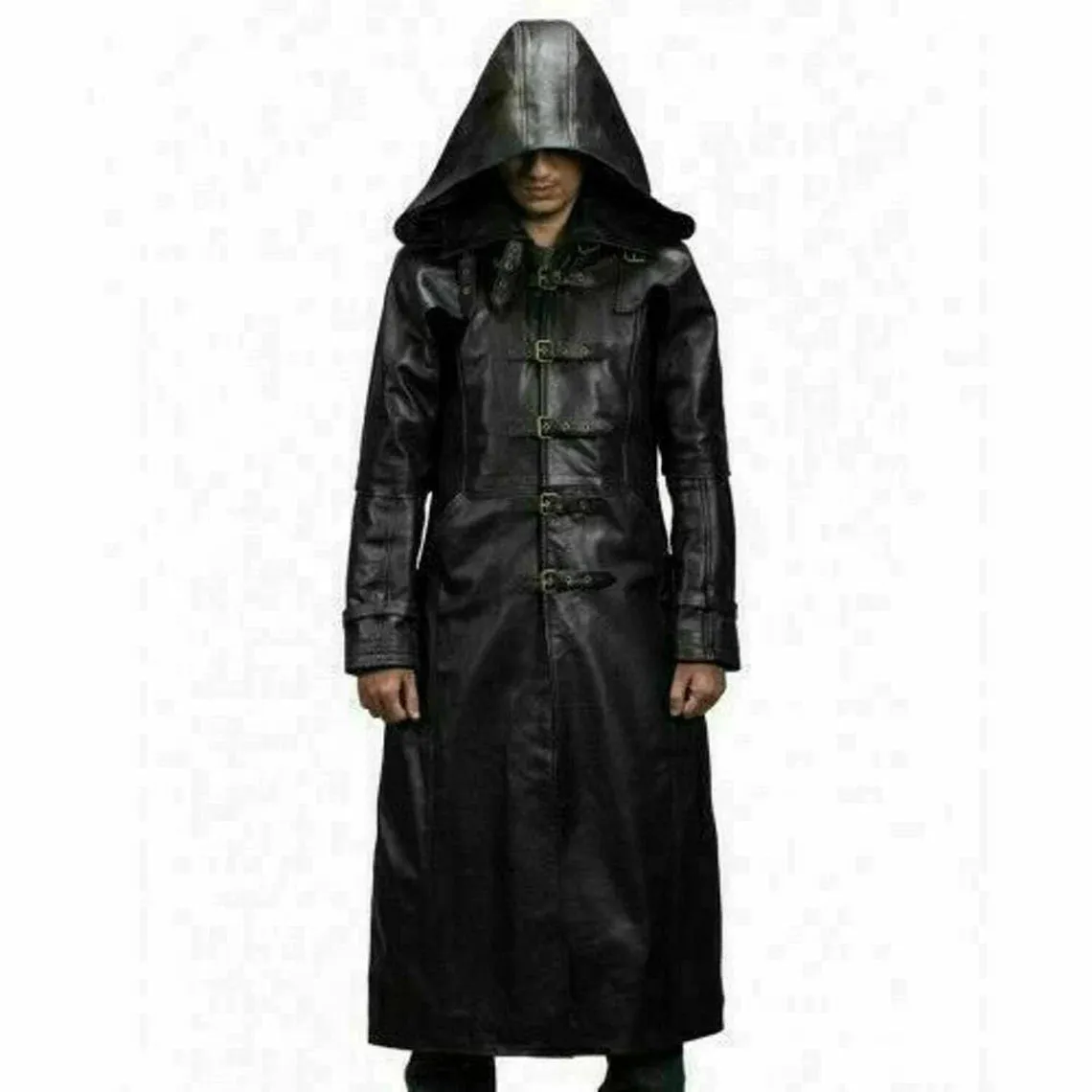 Men's Black Genuine Leather Trench Coat With Hood Gothic Steampunk