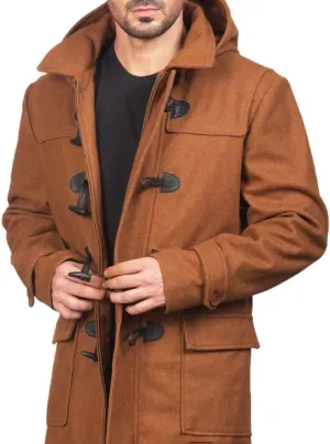 Mens Brown Wool Hooded Duffle Long Coat With Toggle Buttons with Placket Overcoat