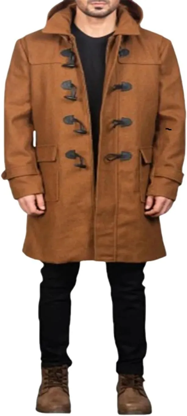 Mens Brown Wool Hooded Duffle Long Coat With Toggle Buttons with Placket Overcoat