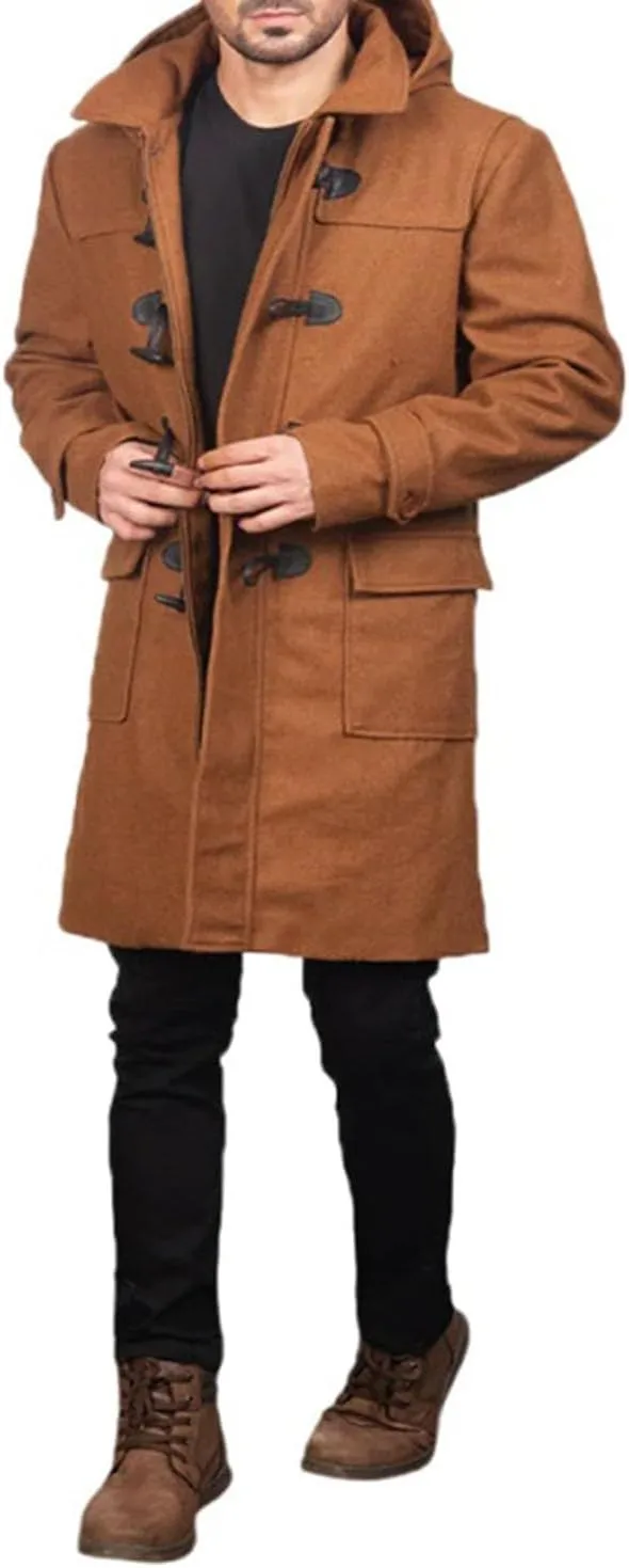 Mens Brown Wool Hooded Duffle Long Coat With Toggle Buttons with Placket Overcoat
