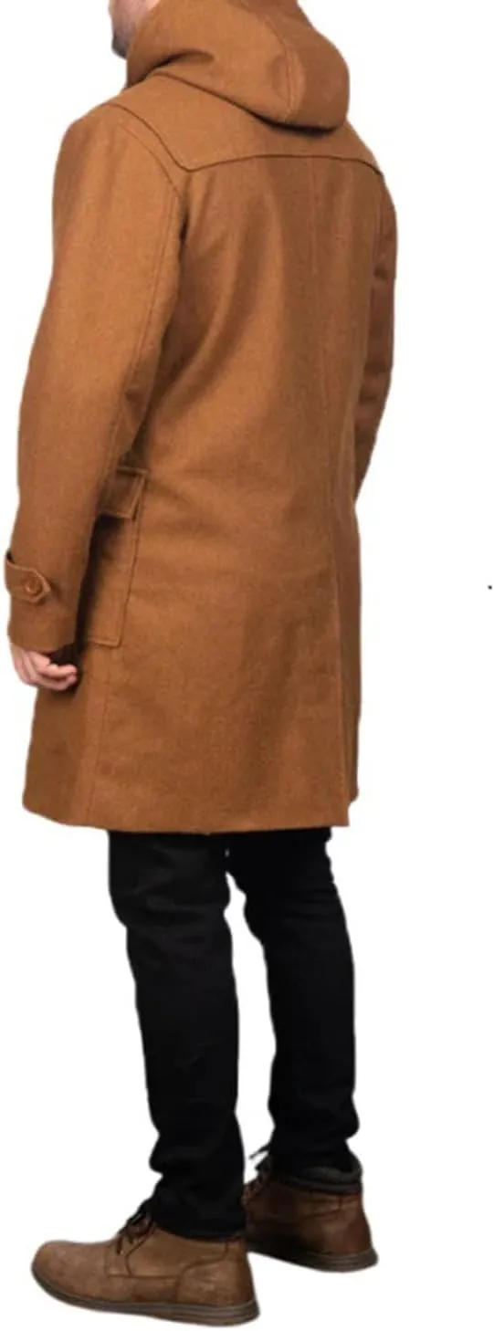 Mens Brown Wool Hooded Duffle Long Coat With Toggle Buttons with Placket Overcoat