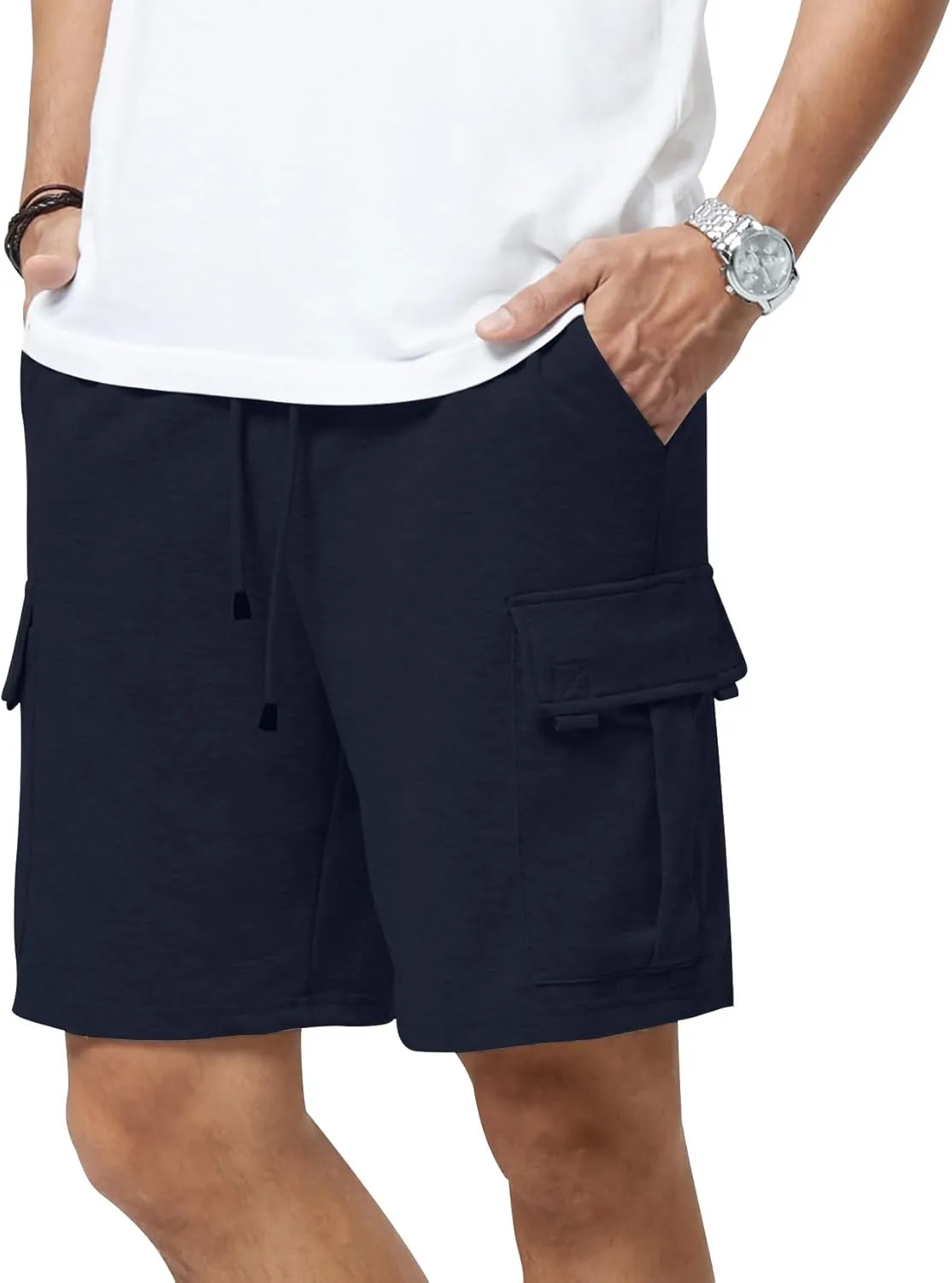 Mens Casual Sweat Cargo Cotton Shorts Drawstring Elastic Waist Athletic Workout Gym Jogger Shorts with 5 Pockets
