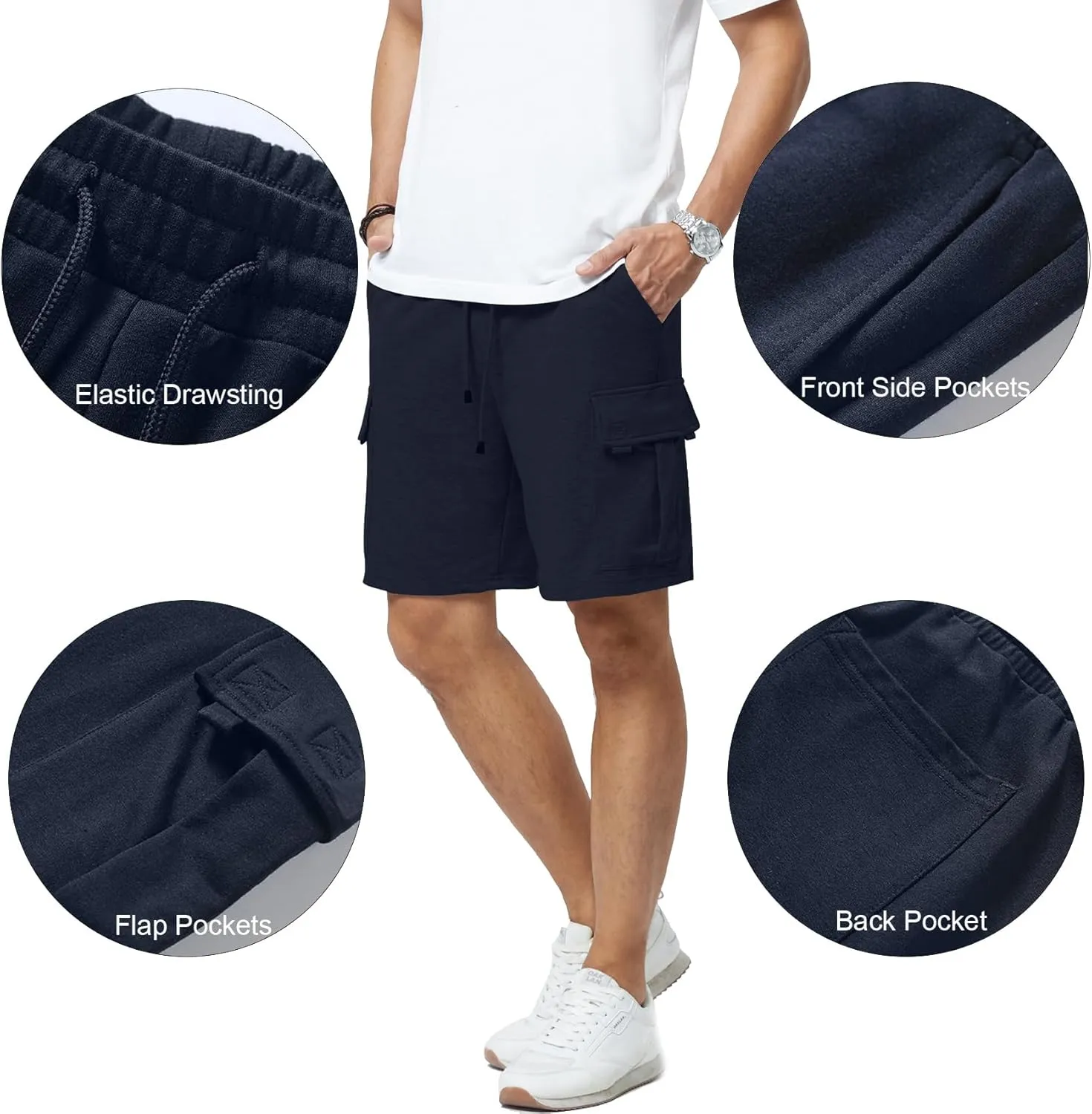Mens Casual Sweat Cargo Cotton Shorts Drawstring Elastic Waist Athletic Workout Gym Jogger Shorts with 5 Pockets