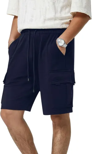 Mens Casual Sweat Cargo Cotton Shorts Drawstring Elastic Waist Athletic Workout Gym Jogger Shorts with 5 Pockets