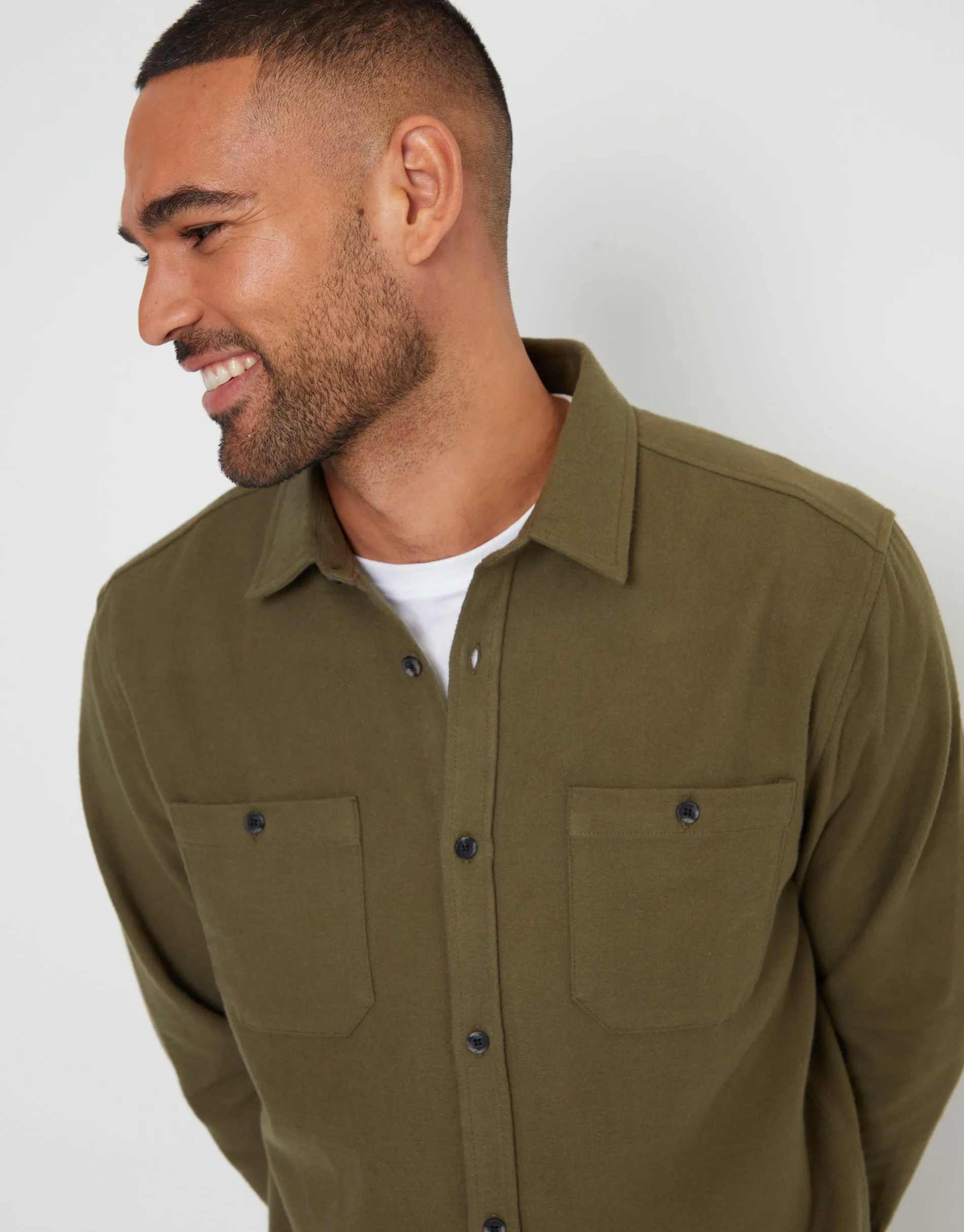 Men's Khaki Brushed Flannel Cotton Long Sleeve Shirt