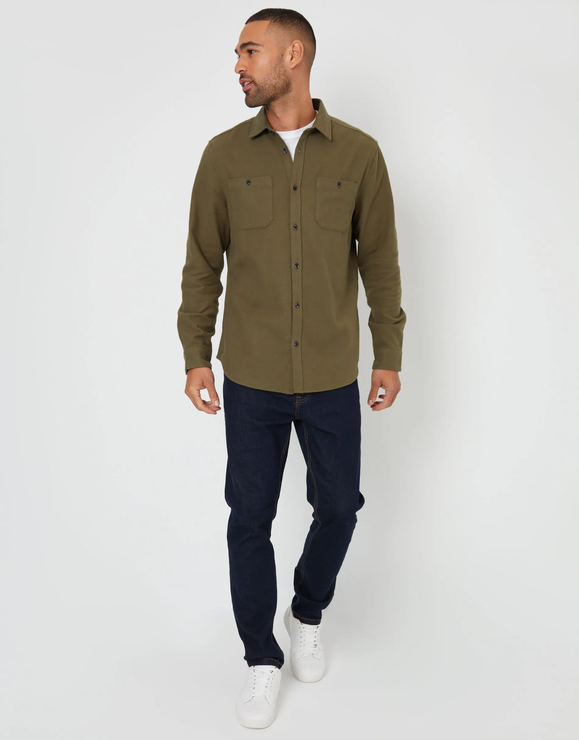 Men's Khaki Brushed Flannel Cotton Long Sleeve Shirt