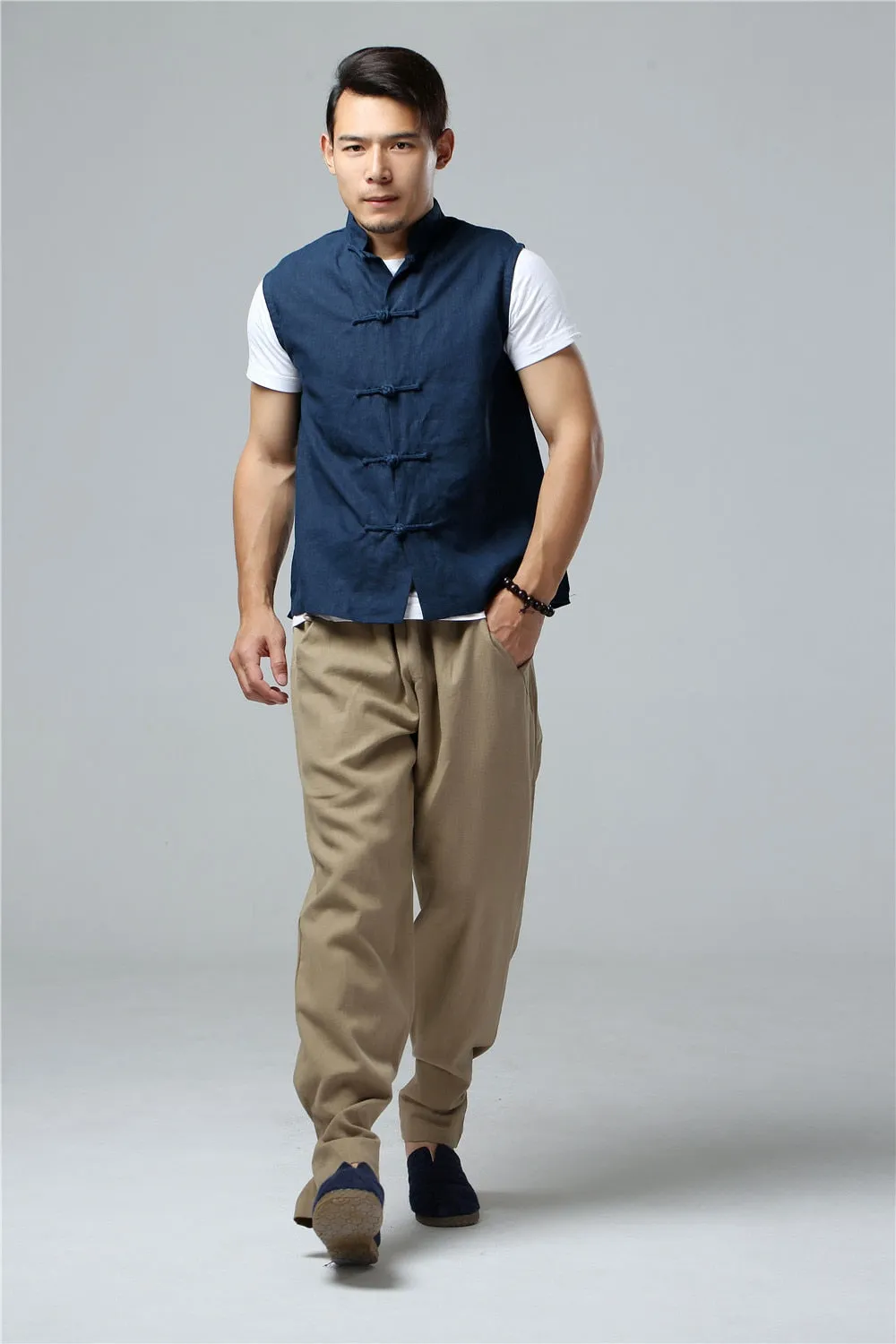 Men's Summer Waistcoat Vintage Breathable Linen Button Down Shirt