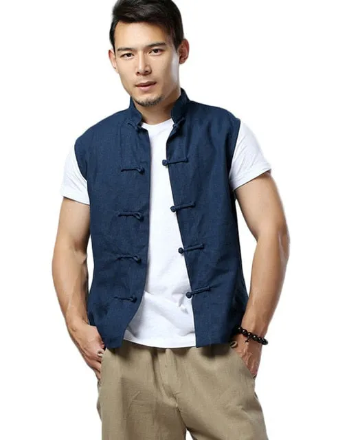 Men's Summer Waistcoat Vintage Breathable Linen Button Down Shirt