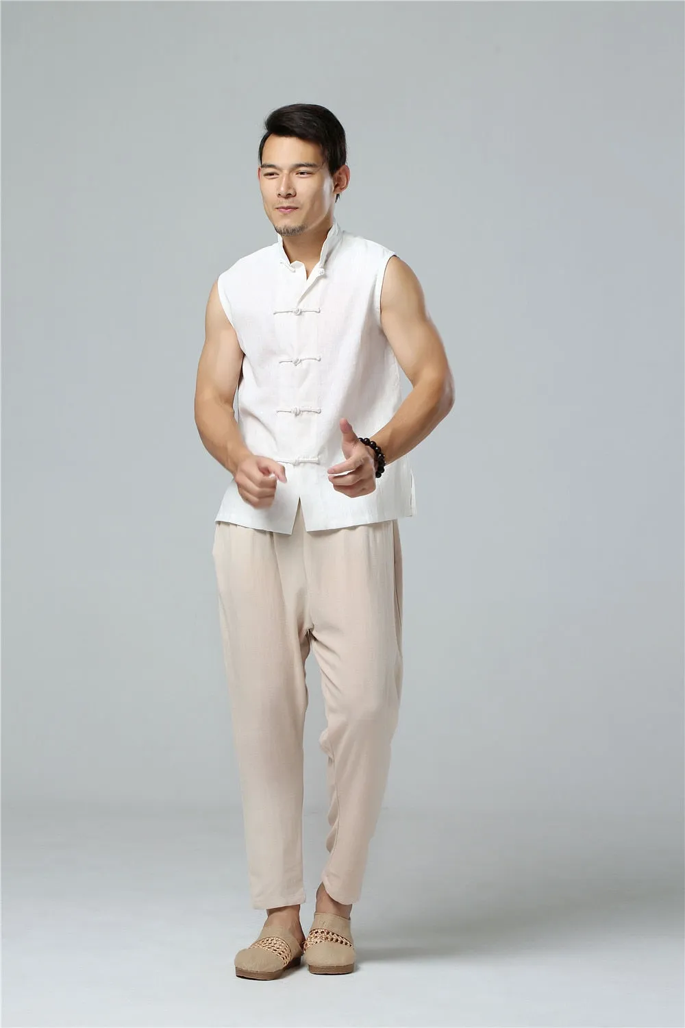 Men's Summer Waistcoat Vintage Breathable Linen Button Down Shirt