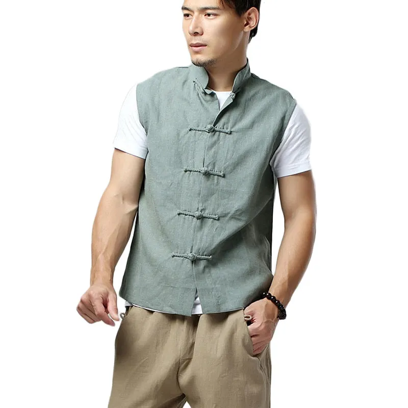 Men's Summer Waistcoat Vintage Breathable Linen Button Down Shirt