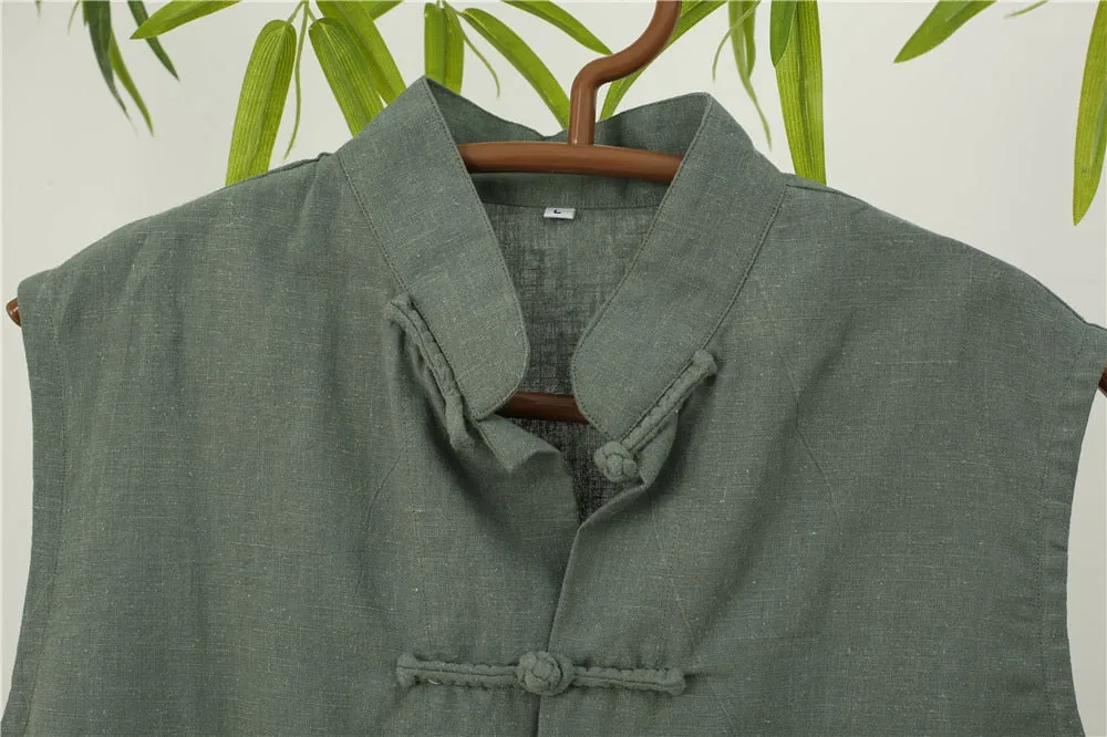 Men's Summer Waistcoat Vintage Breathable Linen Button Down Shirt