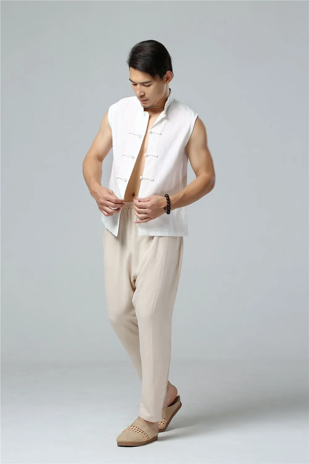 Men's Summer Waistcoat Vintage Breathable Linen Button Down Shirt