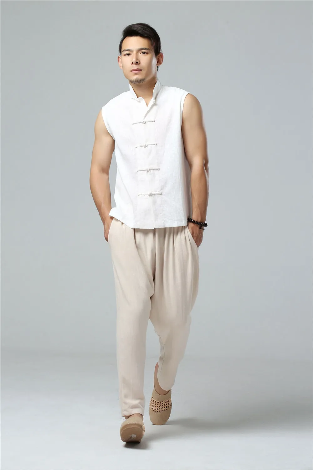 Men's Summer Waistcoat Vintage Breathable Linen Button Down Shirt