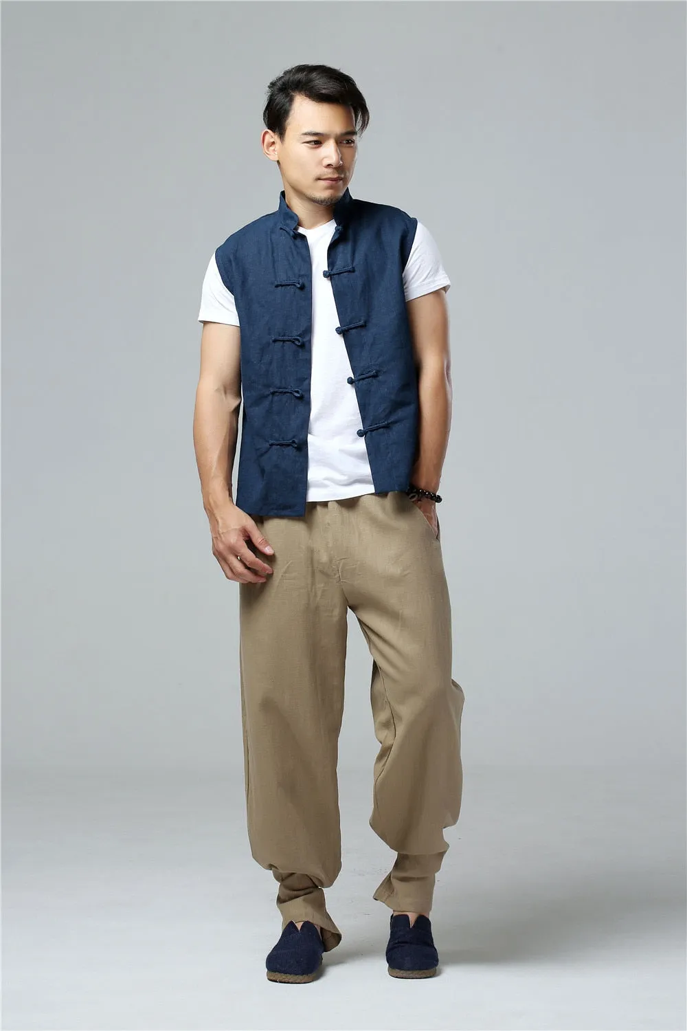 Men's Summer Waistcoat Vintage Breathable Linen Button Down Shirt