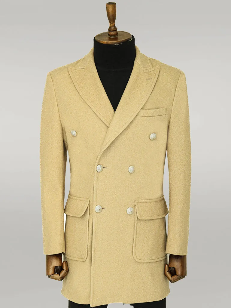 Metal Buttons Wool Cashmere Beige Men Double Breasted Coat - Wessi