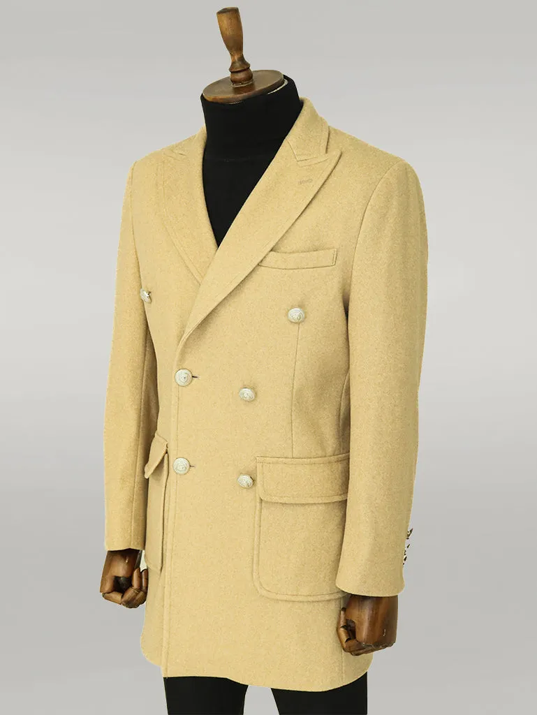 Metal Buttons Wool Cashmere Beige Men Double Breasted Coat - Wessi