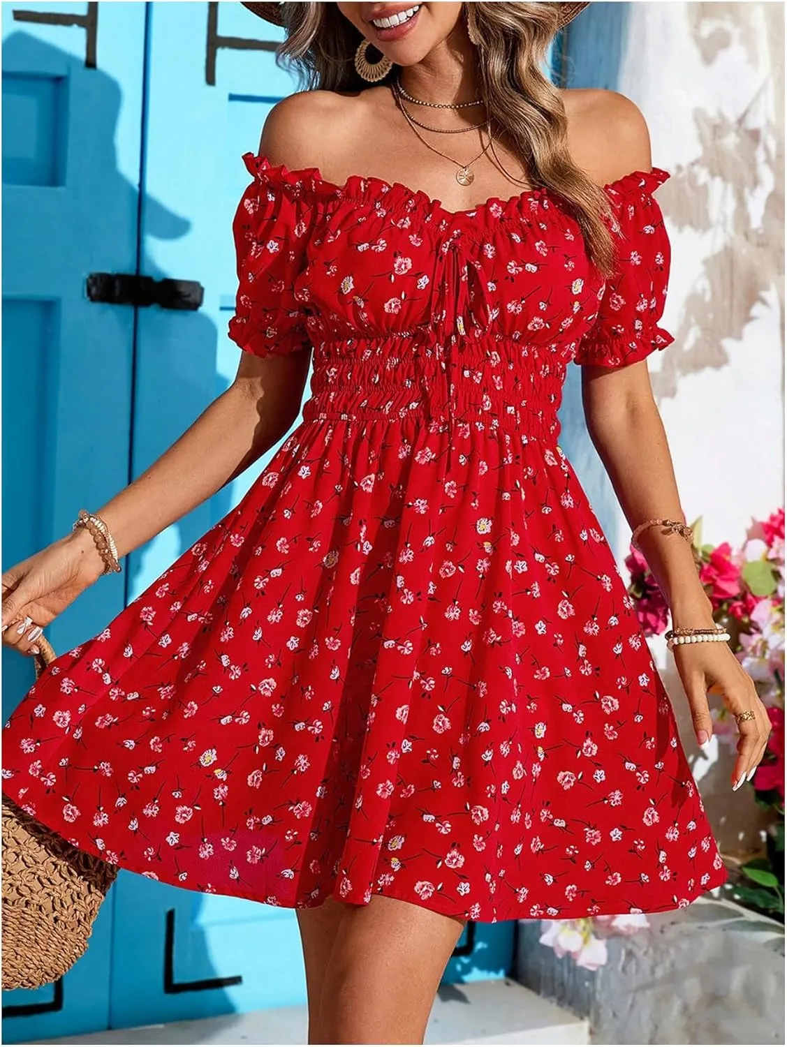 Milumia Women's Floral Off Shoulder Puff Sleeve Short Dress Boho Frill Trim A Line Mini Dresses