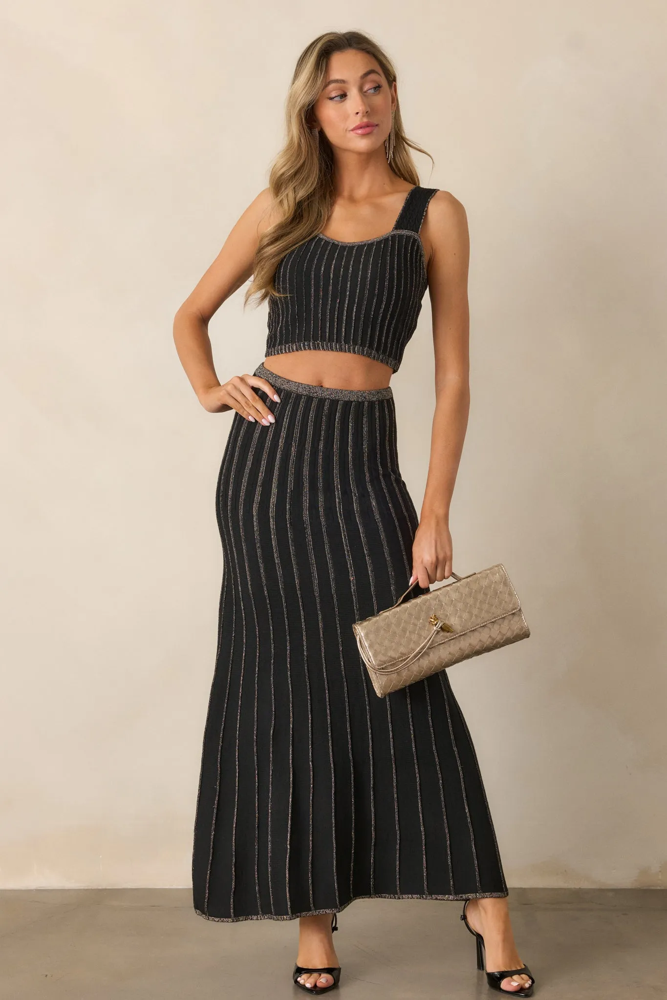 MINKPINK Celia Lurex Black Stripe Midi Skirt