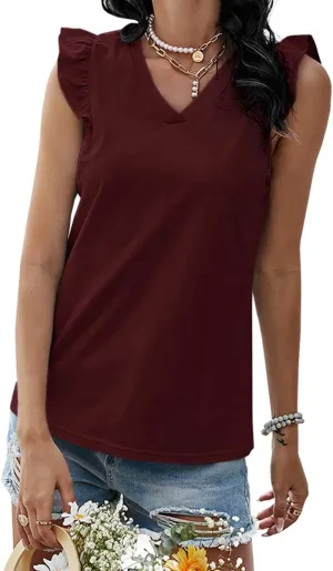 Ofenbuy Womens Casual V Neck Tank Tops Frilled Ruffles Sleeveless Loose Solid Summer Tee Shirts