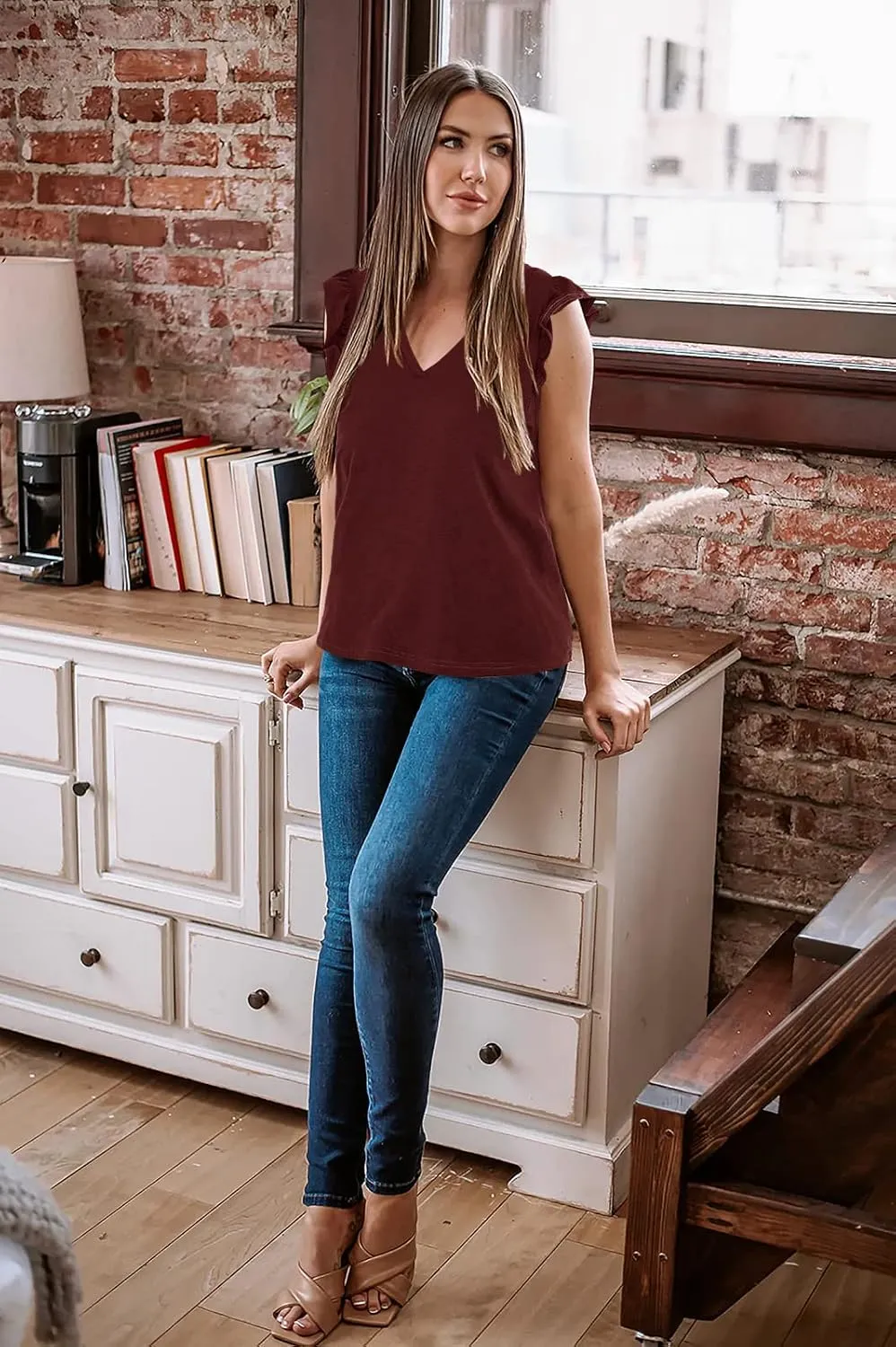 Ofenbuy Womens Casual V Neck Tank Tops Frilled Ruffles Sleeveless Loose Solid Summer Tee Shirts