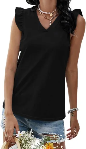 Ofenbuy Womens Casual V Neck Tank Tops Frilled Ruffles Sleeveless Loose Solid Summer Tee Shirts