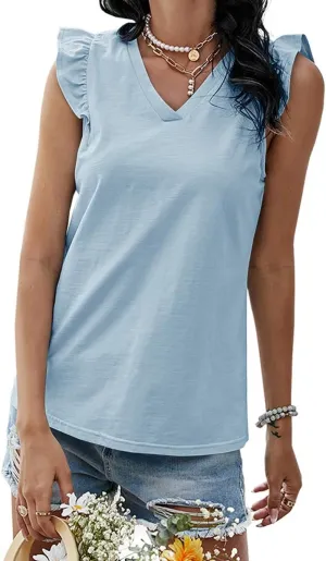Ofenbuy Womens Casual V Neck Tank Tops Frilled Ruffles Sleeveless Loose Solid Summer Tee Shirts