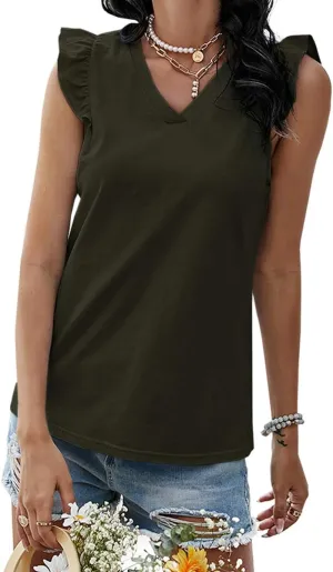 Ofenbuy Womens Casual V Neck Tank Tops Frilled Ruffles Sleeveless Loose Solid Summer Tee Shirts