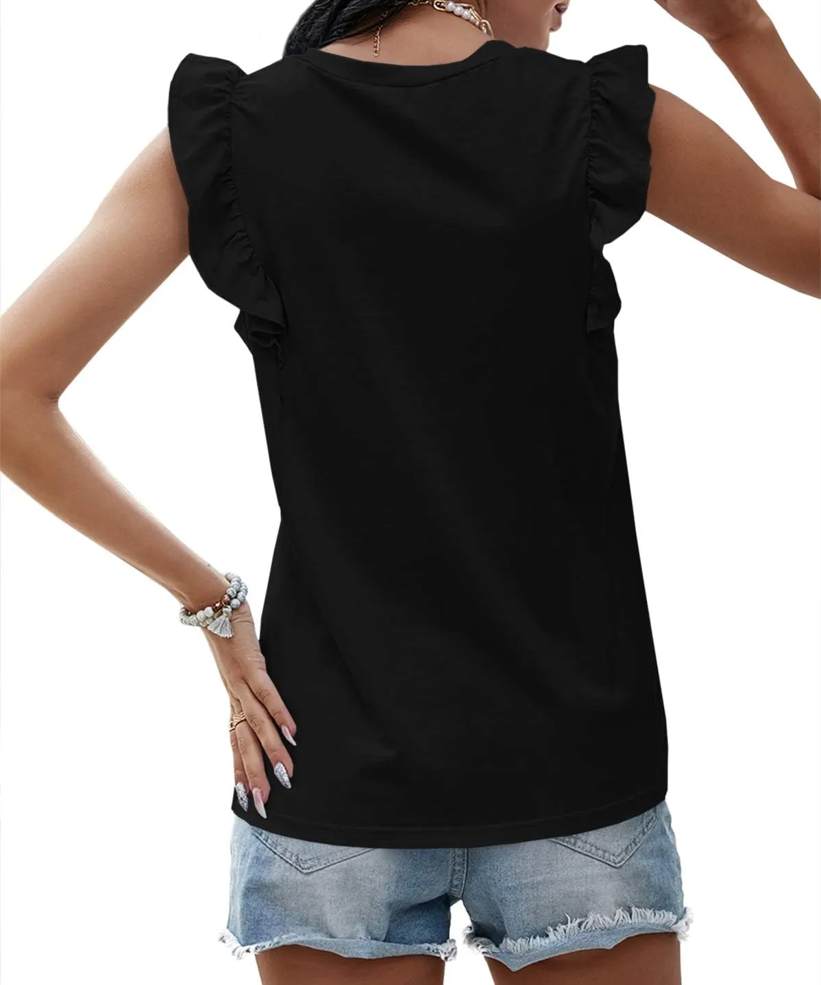 Ofenbuy Womens Casual V Neck Tank Tops Frilled Ruffles Sleeveless Loose Solid Summer Tee Shirts