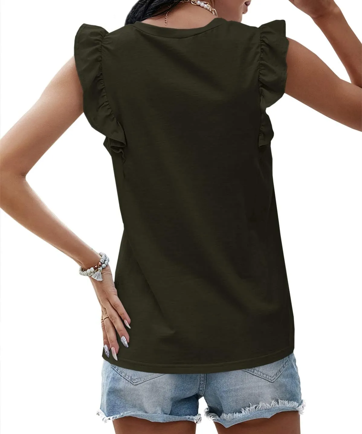 Ofenbuy Womens Casual V Neck Tank Tops Frilled Ruffles Sleeveless Loose Solid Summer Tee Shirts