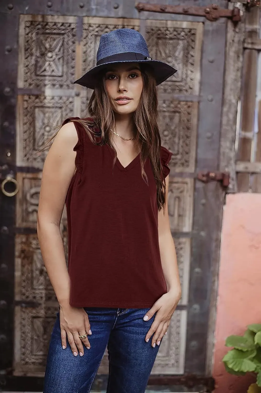 Ofenbuy Womens Casual V Neck Tank Tops Frilled Ruffles Sleeveless Loose Solid Summer Tee Shirts