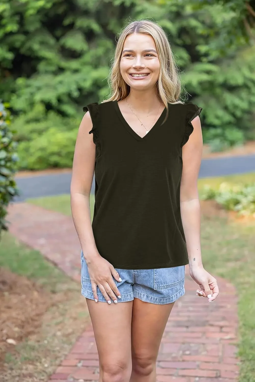 Ofenbuy Womens Casual V Neck Tank Tops Frilled Ruffles Sleeveless Loose Solid Summer Tee Shirts