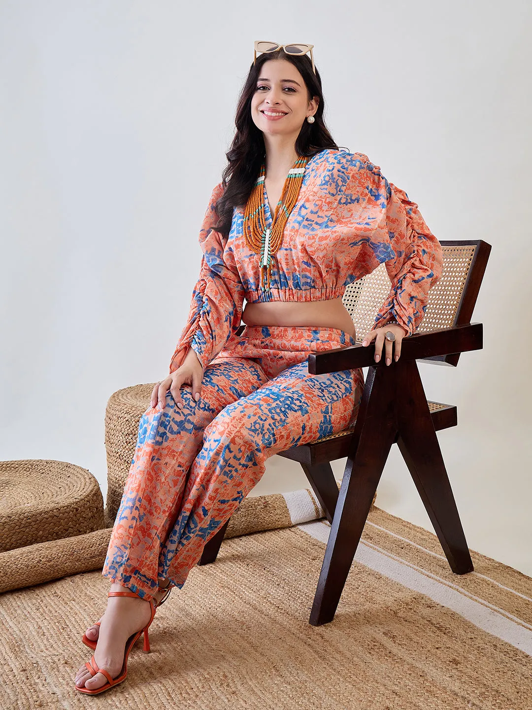 Orange Batwing Sleeve Cotton Lurex Co Ord Set