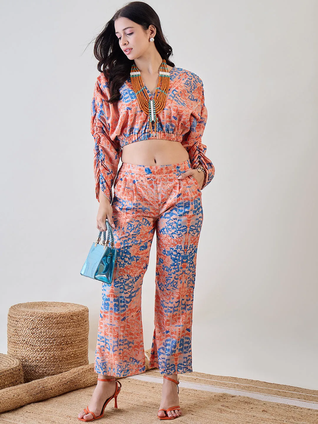 Orange Batwing Sleeve Cotton Lurex Co Ord Set