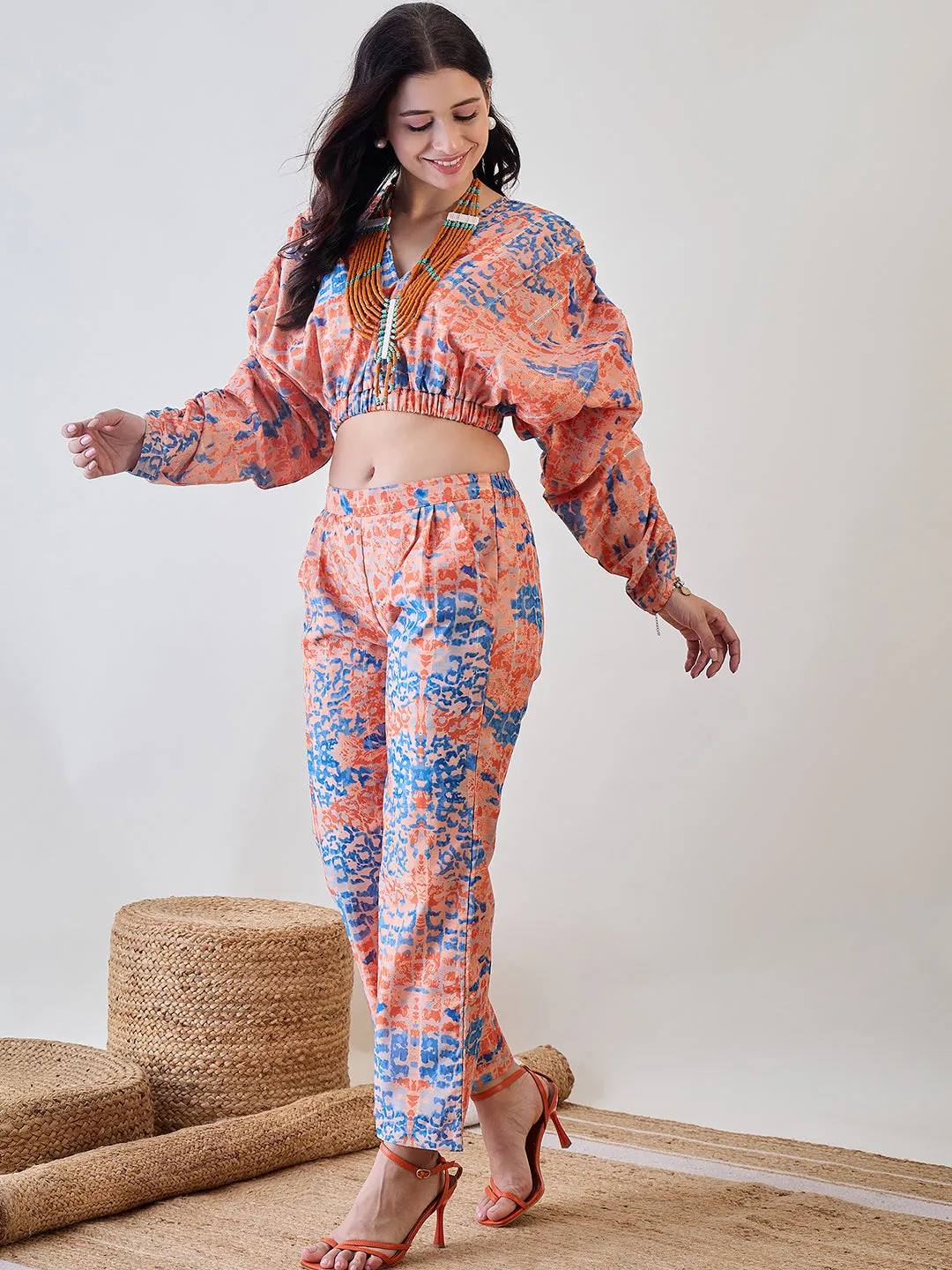 Orange Batwing Sleeve Cotton Lurex Co Ord Set
