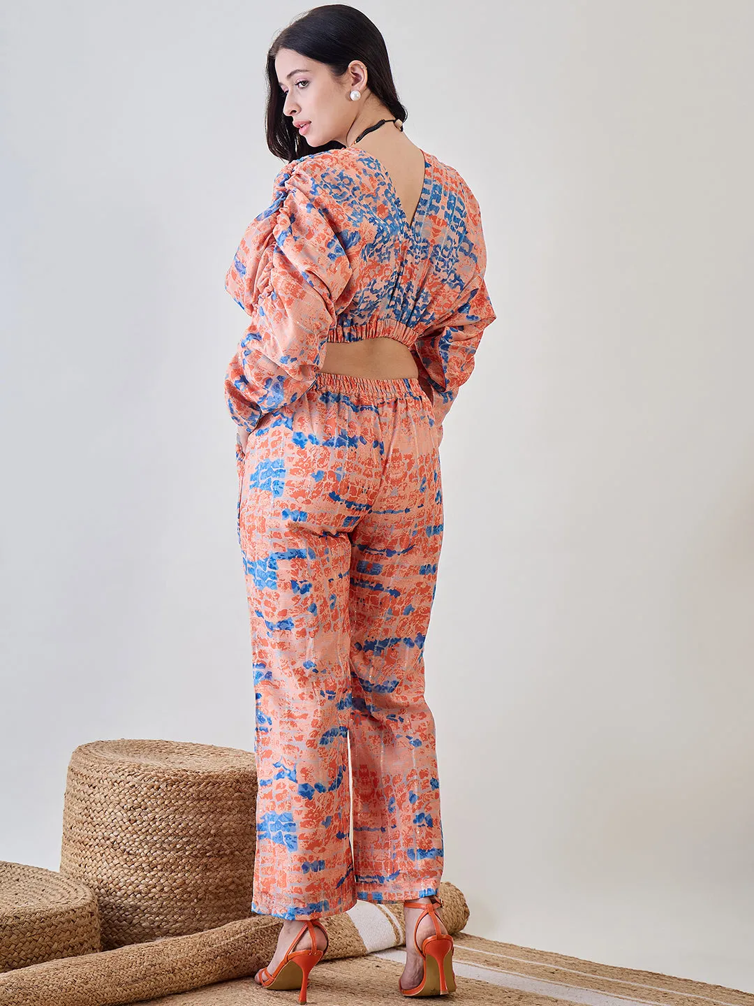 Orange Batwing Sleeve Cotton Lurex Co Ord Set